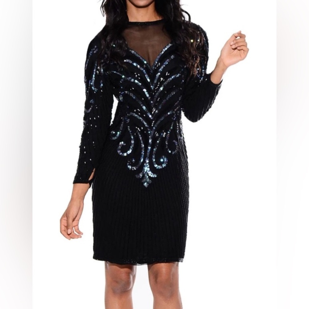 Vintage A.J. Bari Black Silk Sequin Sheer Mesh Long Sleeve Cocktail Dress Size 6